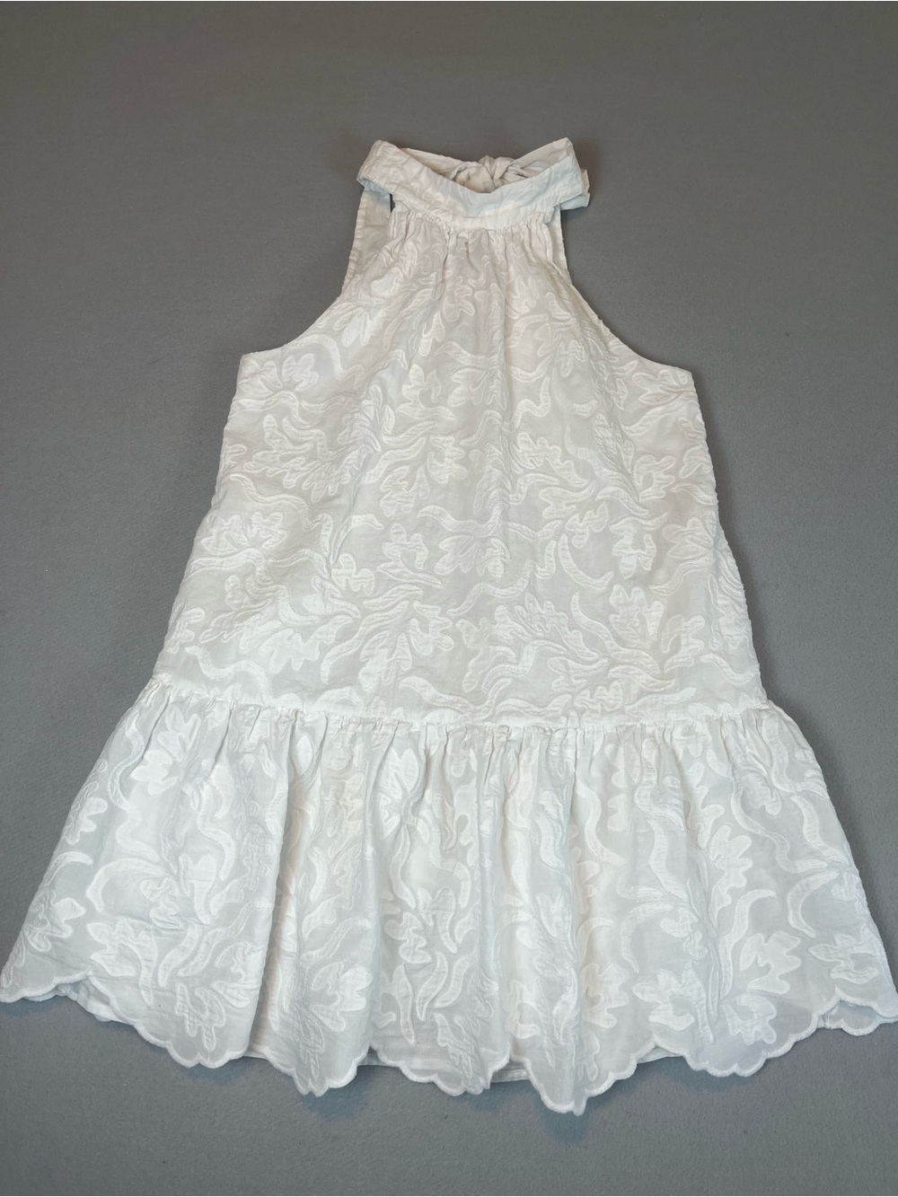 House of Harlow Dress Small White Embroidered Halter Tie Back Scallop Drop Waist
